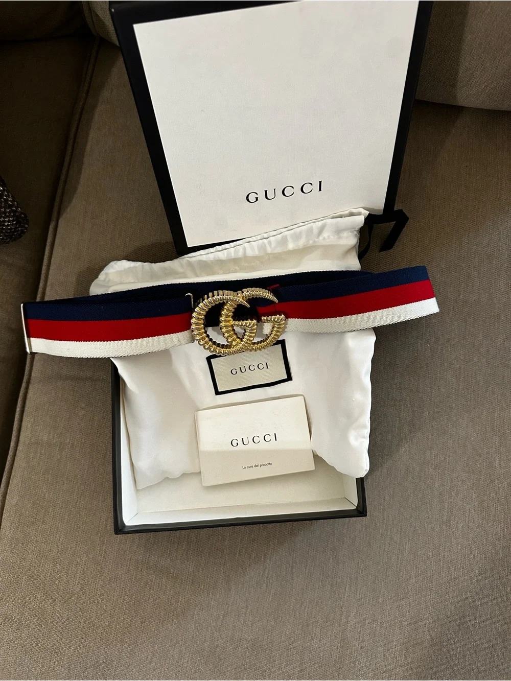 Gucci Navy, Red & White Web Belt with Gold Double G Buckle